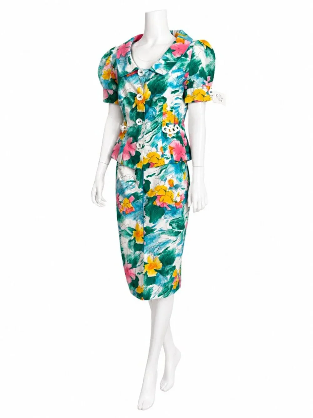 Vintage Equateur Paris Floral 2pc Skirt Suit French Puff Sleeve Set NOS Sz 42